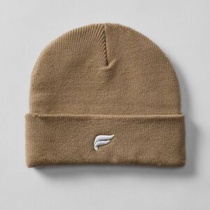 NWT Fabletics Unisex Alpine Dark Twill Tan Knit Beanie with Logo Cap Hat